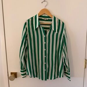 Boden Green and White Striped Button Down Silk Shirt